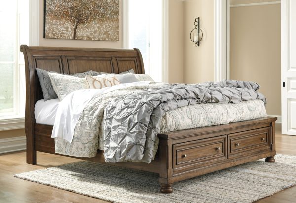 Flynnter King Sleigh Bed with 2 Storage Drawers with Mirrored Dresser and 2 Nightstands in Medium Brown Cheap