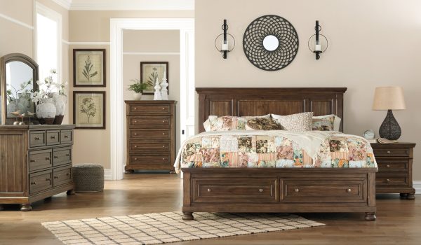 Flynnter Queen Panel Bed with Mirrored Dresser, Chest and Nightstand in Medium Brown Supply