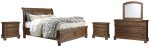 Flynnter King Sleigh Bed with 2 Storage Drawers with Mirrored Dresser and 2 Nightstands in Medium Brown Cheap