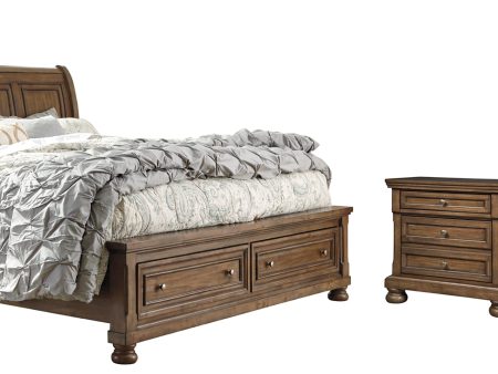 Flynnter King Sleigh Bed with 2 Storage Drawers with Mirrored Dresser and 2 Nightstands in Medium Brown Cheap