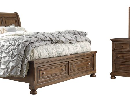 Flynnter Queen Sleigh Bed with 2 Storage Drawers with Mirrored Dresser in Medium Brown For Sale