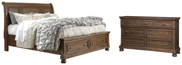 Flynnter Queen Sleigh Bed with 2 Storage Drawers with Dresser with Dresser in Medium Brown For Discount