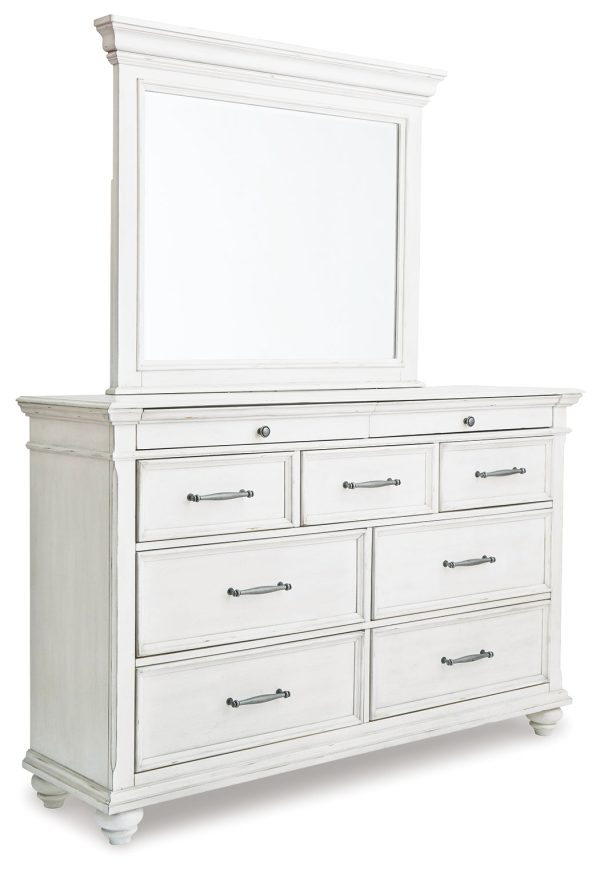 Kanwyn King Panel Bed with Mirrored Dresser in Whitewash Discount