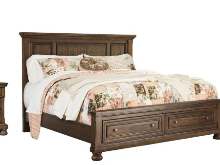 Flynnter California King Panel Bed with 2 Storage Drawers with Mirrored Dresser, Chest and Nightstand in Medium Brown Online