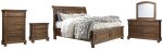 Flynnter King Sleigh Bed with 2 Storage Drawers with Mirrored Dresser, Chest and Nightstand in Medium Brown Cheap