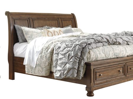 Flynnter King Sleigh Bed with 2 Storage Drawers with Mirrored Dresser, Chest and Nightstand in Medium Brown Cheap