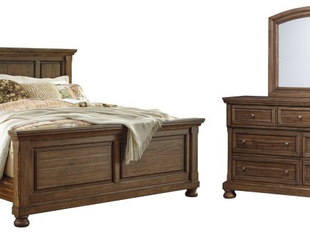 Flynnter King Panel Bed with Mirrored Dresser in Medium Brown Online