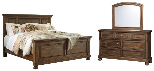 Flynnter King Panel Bed with Mirrored Dresser in Medium Brown Online