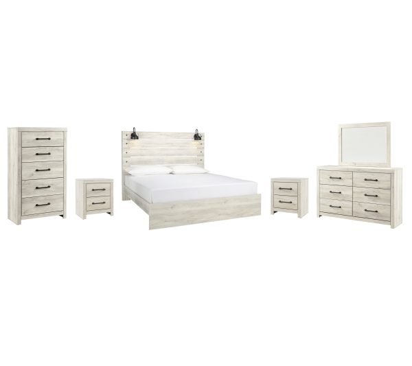 Cambeck King Panel Bed with Mirrored Dresser, Chest and 2 Nightstands in Whitewash on Sale