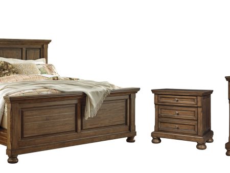 Flynnter Queen Panel Bed with Mirrored Dresser and 2 Nightstands in Medium Brown For Sale