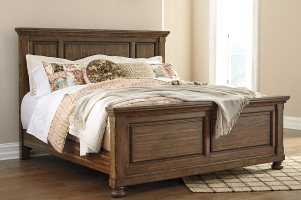 Flynnter Queen Panel Bed with Mirrored Dresser, Chest and 2 Nightstands in Medium Brown Cheap