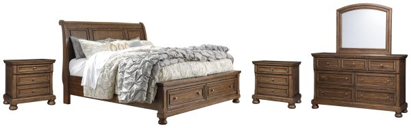 Flynnter Queen Sleigh Bed with 2 Storage Drawers with Mirrored Dresser and 2 Nightstands in Medium Brown For Cheap