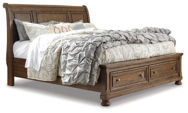 Flynnter Queen Sleigh Bed with 2 Storage Drawers with Dresser with Dresser in Medium Brown For Discount