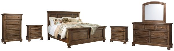 Flynnter Queen Panel Bed with Mirrored Dresser, Chest and 2 Nightstands in Medium Brown Cheap