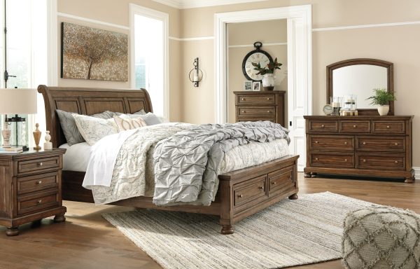 Flynnter King Sleigh Bed with 2 Storage Drawers with Mirrored Dresser, Chest and Nightstand in Medium Brown Cheap