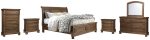 Flynnter Queen Sleigh Bed with 2 Storage Drawers with Mirrored Dresser, Chest and 2 Nightstands in Medium Brown For Sale