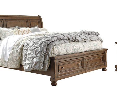 Flynnter Queen Sleigh Bed with 2 Storage Drawers with Mirrored Dresser, Chest and 2 Nightstands in Medium Brown For Sale