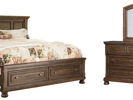 Flynnter Queen Panel Bed with 2 Storage Drawers with Mirrored Dresser in Medium Brown Online Hot Sale