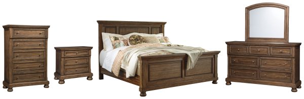 Flynnter Queen Panel Bed with Mirrored Dresser, Chest and Nightstand in Medium Brown Supply