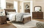 Flynnter Queen Sleigh Bed with 2 Storage Drawers with Mirrored Dresser, Chest and Nightstand in Medium Brown Online now