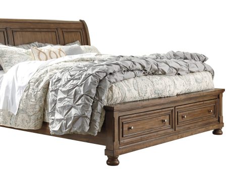 Flynnter King Sleigh Bed with 2 Storage Drawers with Mirrored Dresser and Chest in Medium Brown Hot on Sale