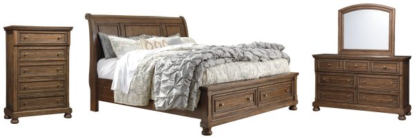 Flynnter King Sleigh Bed with 2 Storage Drawers with Mirrored Dresser and Chest in Medium Brown Hot on Sale