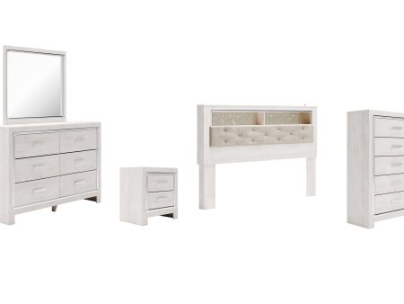 Altyra King Bookcase Headboard Bed with Mirrored Dresser, Chest and Nightstand in White Hot on Sale