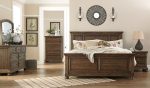 Flynnter California King Panel Bed with Mirrored Dresser, Chest and Nightstand in Medium Brown Discount