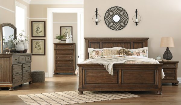 Flynnter California King Panel Bed with Mirrored Dresser, Chest and Nightstand in Medium Brown Discount