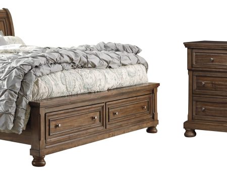 Flynnter California King Sleigh Bed with 2 Storage Drawers with Dresser in Medium Brown Supply