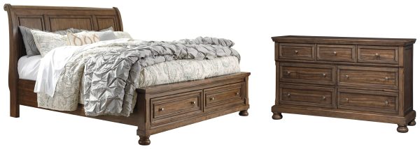 Flynnter California King Sleigh Bed with 2 Storage Drawers with Dresser in Medium Brown Supply