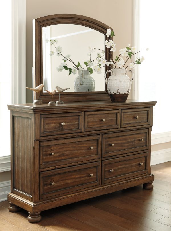 Flynnter Queen Panel Bed with Mirrored Dresser, Chest and 2 Nightstands in Medium Brown Cheap