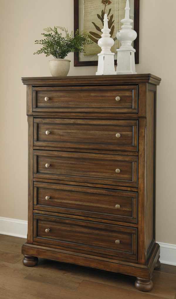 Flynnter Queen Panel Bed with Mirrored Dresser, Chest and 2 Nightstands in Medium Brown Cheap