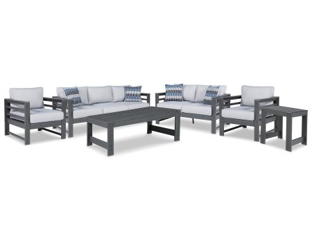 Amora Outdoor Sofa, Loveseat and 2 Lounge Chairs with Coffee Table and End Table in Charcoal Gray For Discount