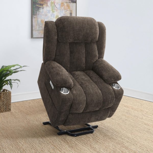 Houston Upholstered Power Lift Recliner Chair Dark Brown Discount