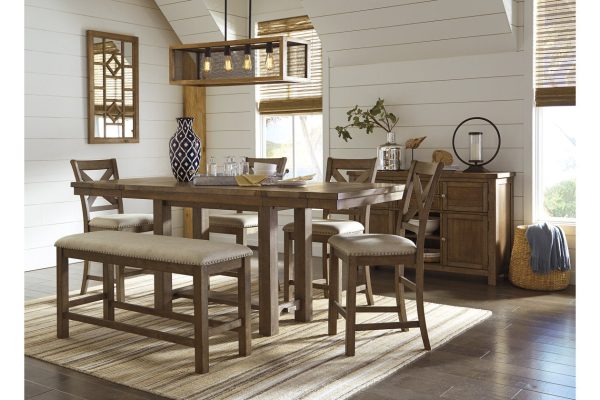 Moriville Grayish Brown Counter Height Dining Table with 4 Barstools, Bench, and Server Discount