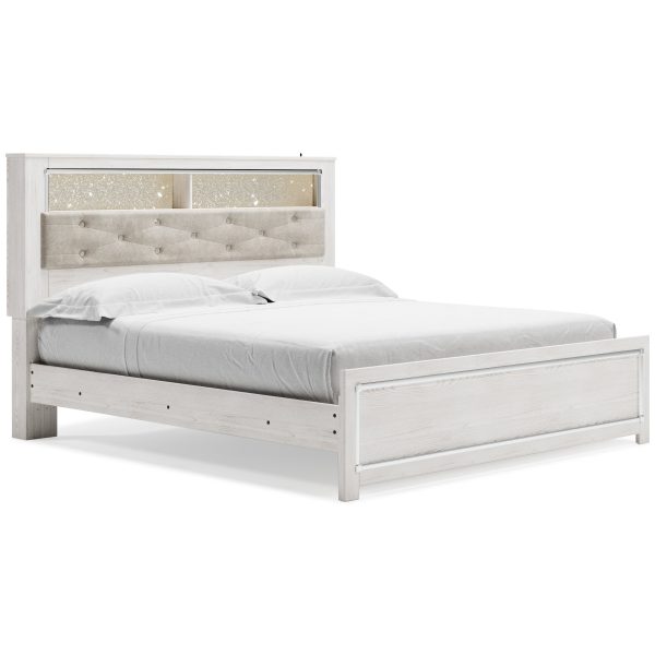 Altyra King Panel Bookcase Bed with Mirrored Dresser in White For Cheap