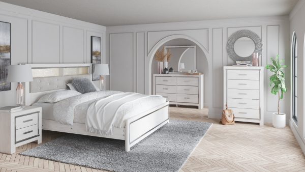 Altyra King Panel Bookcase Bed with Mirrored Dresser in White For Cheap