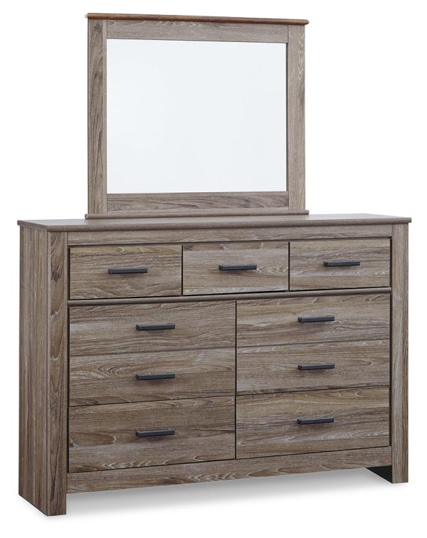 Zelen Queen Panel Headboard with Mirrored Dresser and Nightstand in Warm Gray Online