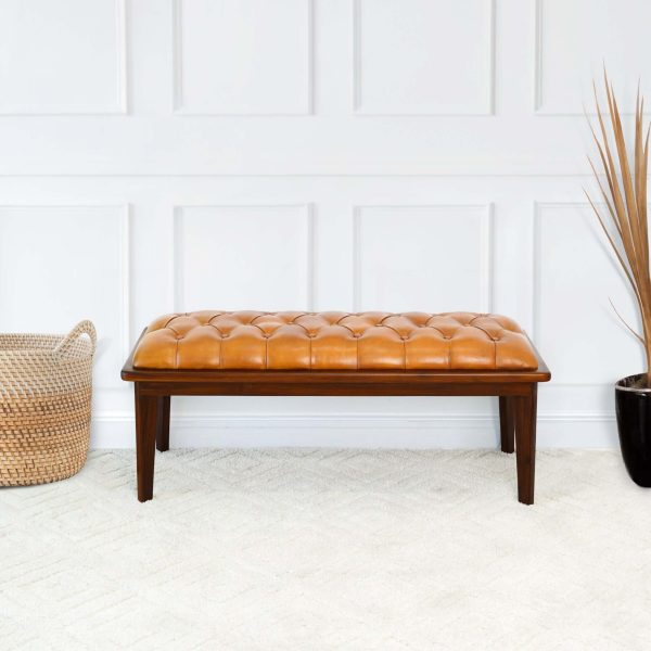 Arden Tan Leather Buttoned Bench Online