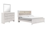 Altyra King Panel Bookcase Bed with Mirrored Dresser in White For Cheap