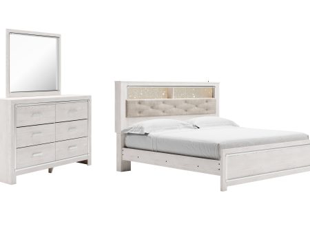 Altyra King Panel Bookcase Bed with Mirrored Dresser in White For Cheap