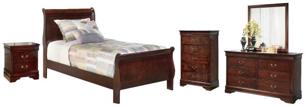 Alisdair Twin Sleigh Bed with Mirrored Dresser, Chest and Nightstand in Reddish Brown For Discount