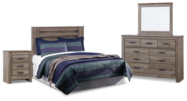 Zelen Queen Panel Headboard with Mirrored Dresser and Nightstand in Warm Gray Online