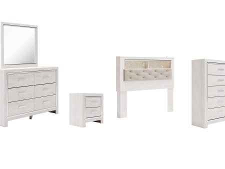 Altyra Queen Bookcase Headboard Bed with Mirrored Dresser, Chest and Nightstand in White For Cheap