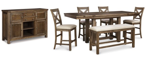 Moriville Grayish Brown Counter Height Dining Table with 4 Barstools, Bench, and Server Discount