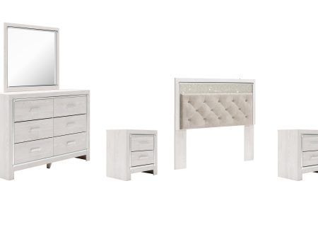 Altyra Queen Panel Headboard Bed with Mirrored Dresser and 2 Nightstands in White For Sale