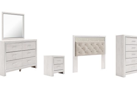 Altyra Queen Panel Headboard Bed with Mirrored Dresser, Chest and Nightstand in White on Sale